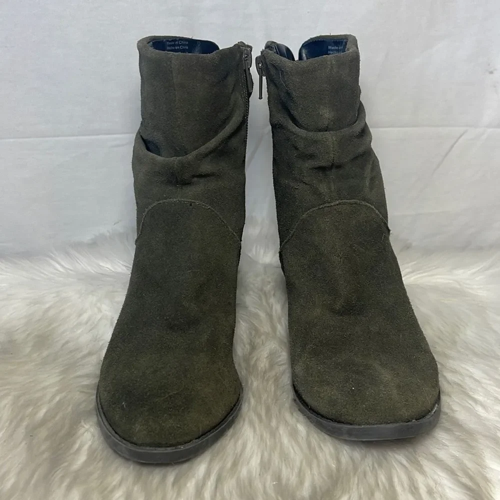 Aldo Olive Green‎ Suede Side Zip Ruched Booties Sz 8